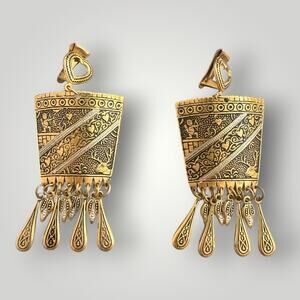 Vintage Spain Damascene Style Large Dangle Clip On Earrings Gold Tone Ornate